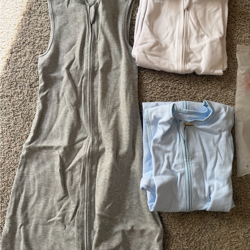 Sleeveless Zip-Up Baby Sleep Sacks in Gray, Light Pink, and Light Blue